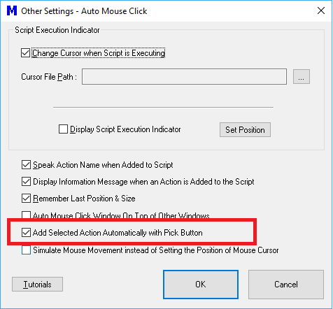 Add Selected Action Automatically with Pick Button - Other Settings