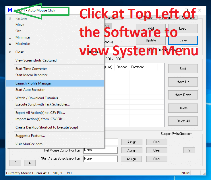 Launch Profile Manager from System Menu of Auto Mouse Click Application