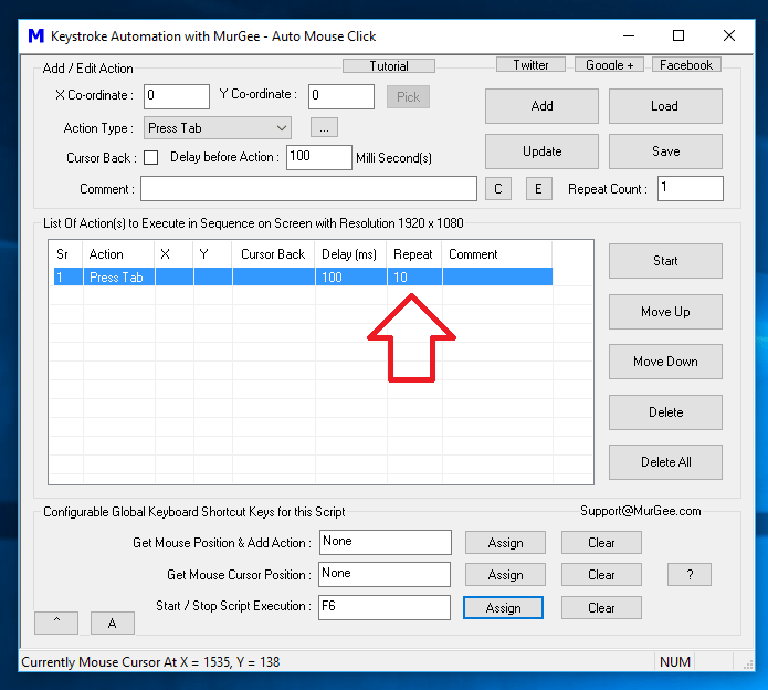 Macro Script to press Tab Key 10 times with a single Keyboard Shortcut