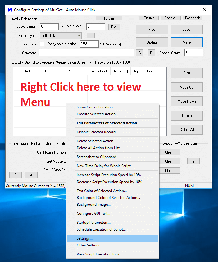 Open Settings from Right Click Menu to Configure Auto Mouse Click Application