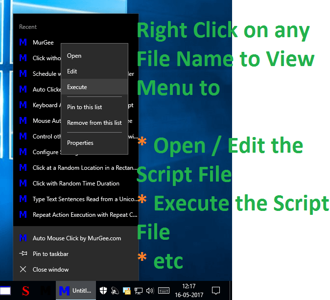 Right Click Menu of Recently Used Script Files in Taskbar Menu