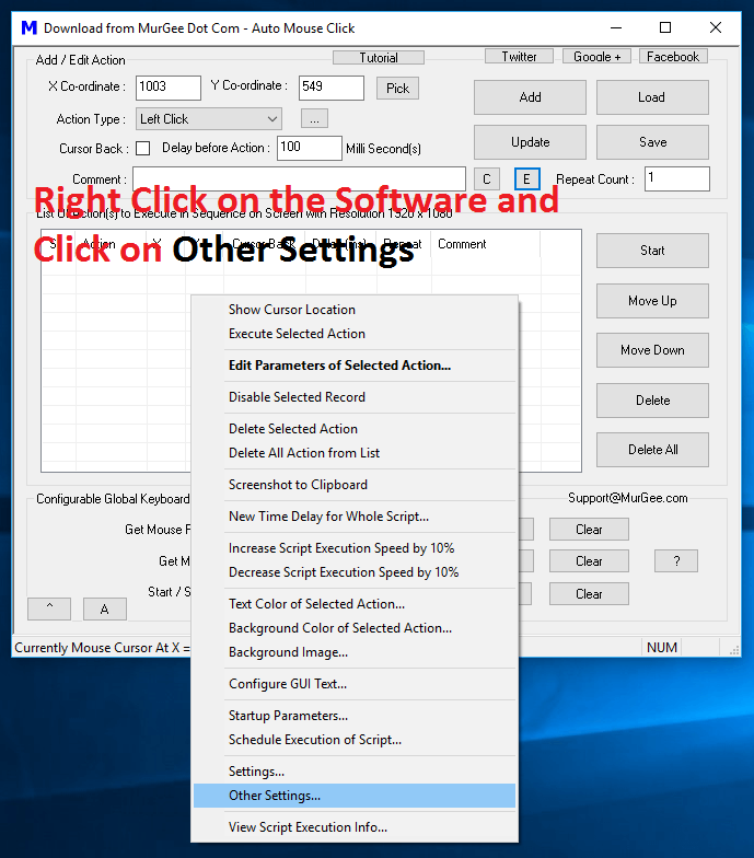 Right Click menu with Other Settings Menu Item