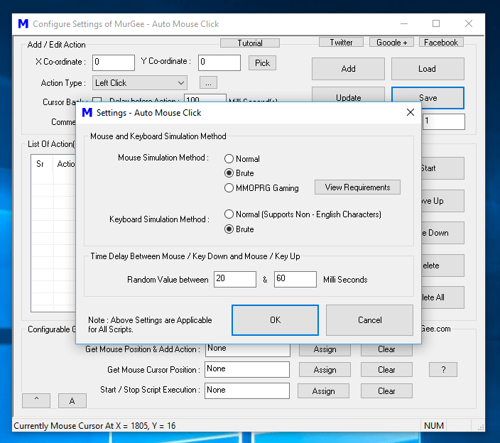 Settings Screen to Configure Mouse and Keyboard Simulation Method and Time Delay between Mouse and Key Up