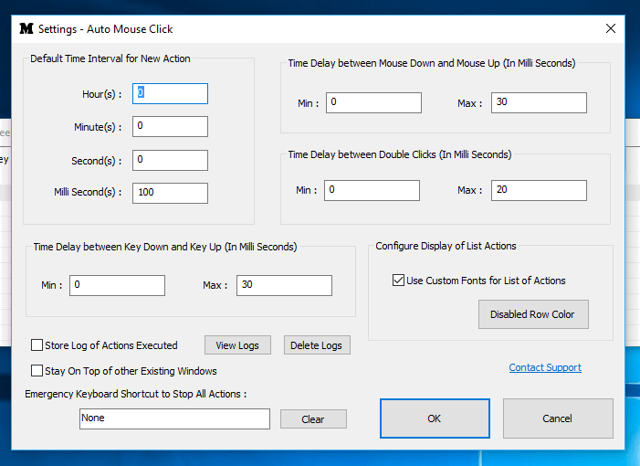Settings Screen with configurable Keyboard Shortcut to Abort Mouse Clicking and Key Pressing