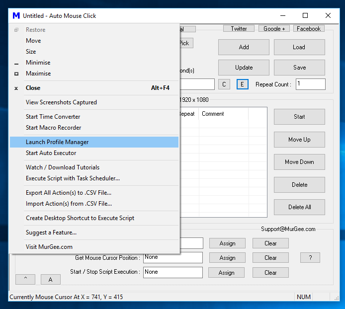 System Menu of Auto Mouse Click Software