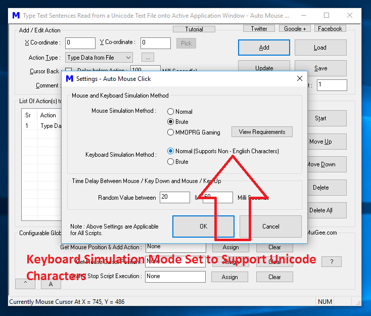 Unicode Keyboard Simulation Mode Configured in Settings