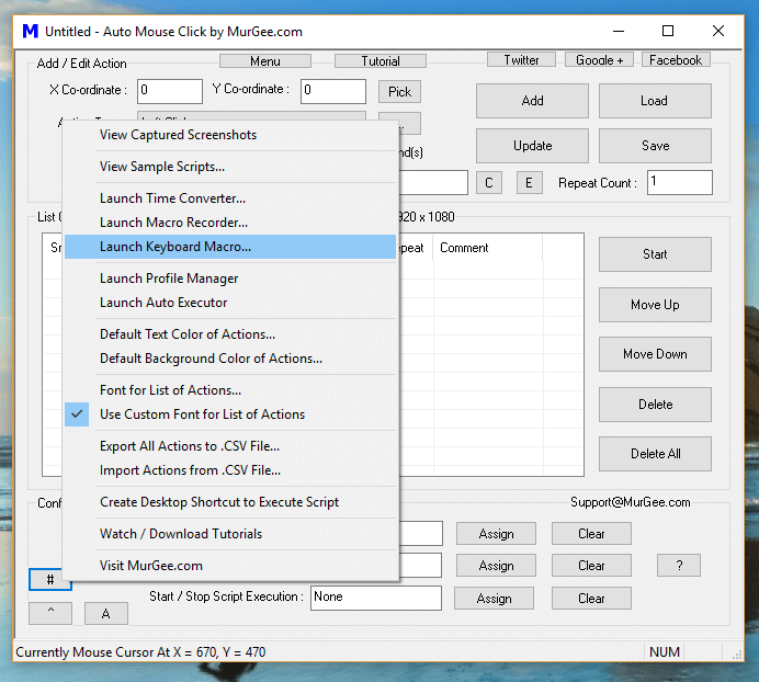 Keyboard Macro Recorder and Player Menu in Auto Mouse Click Software
