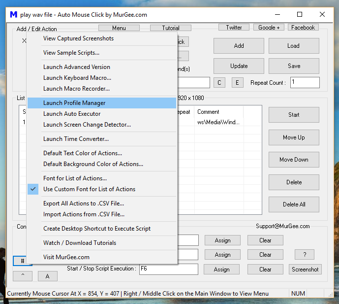 Launch Profile Manager from Menu in Auto Mouse Click