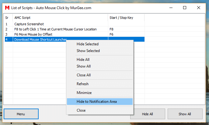 Hide Auto Mouse Click List Application to Notification Area
